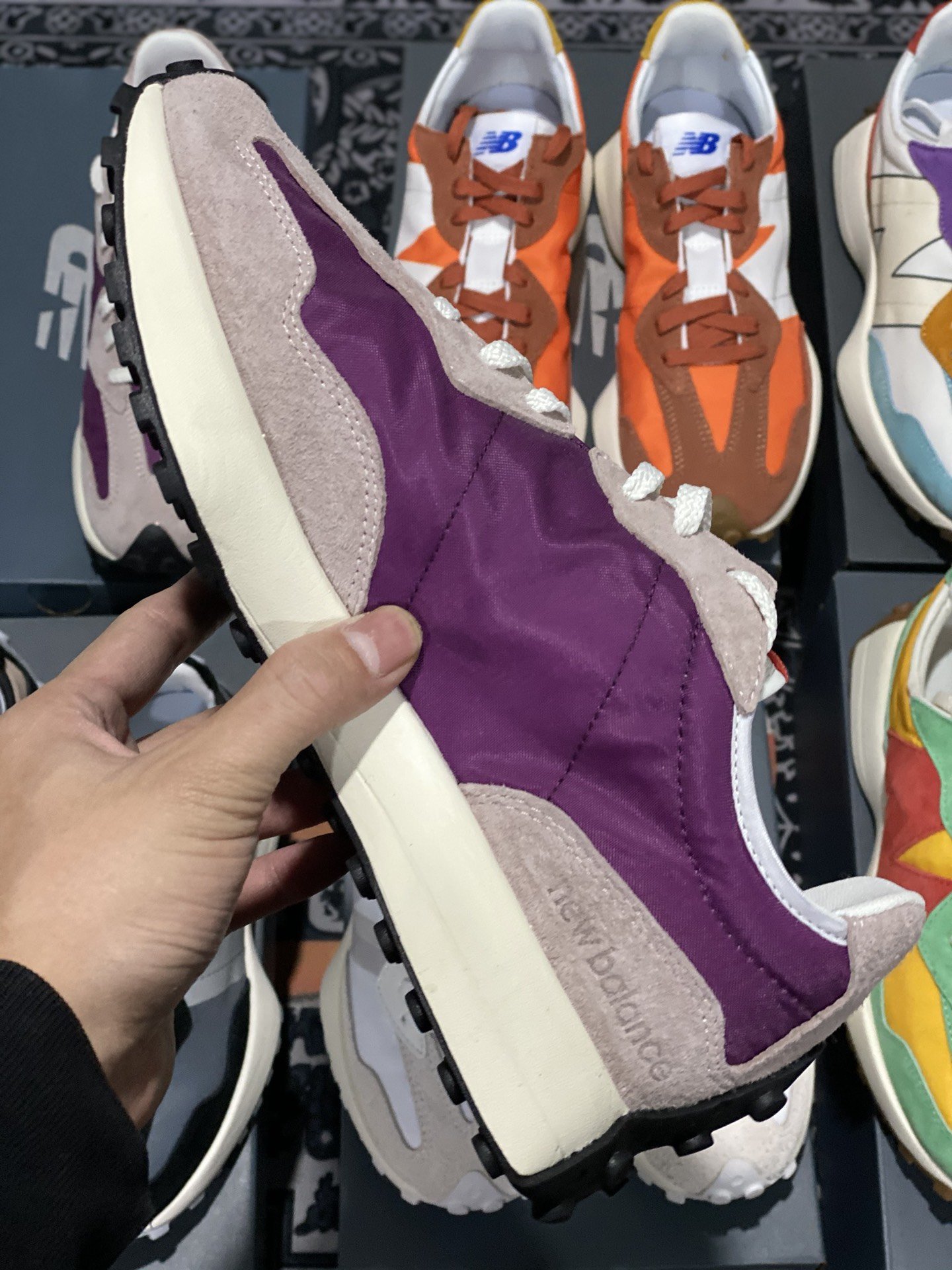 240 甄选 莞顶NB327 复古跑鞋 紫红 经典正品猪皮革拼接牛津布面