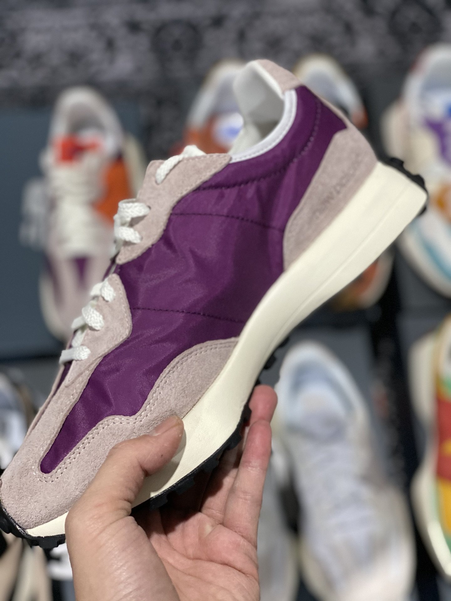 240 甄选 莞顶NB327 复古跑鞋 紫红 经典正品猪皮革拼接牛津布面