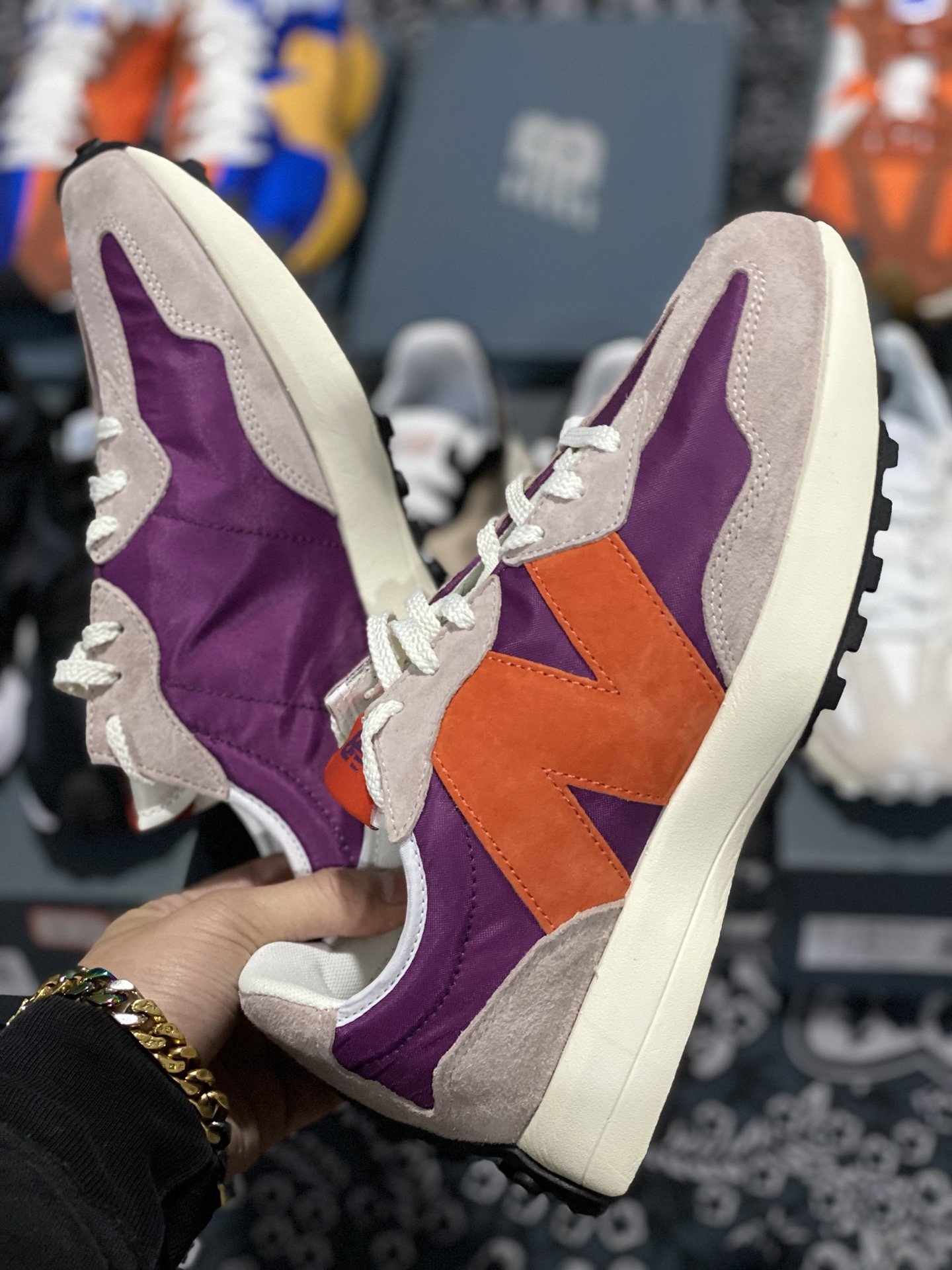 240 甄选 莞顶NB327 复古跑鞋 紫红 经典正品猪皮革拼接牛津布面